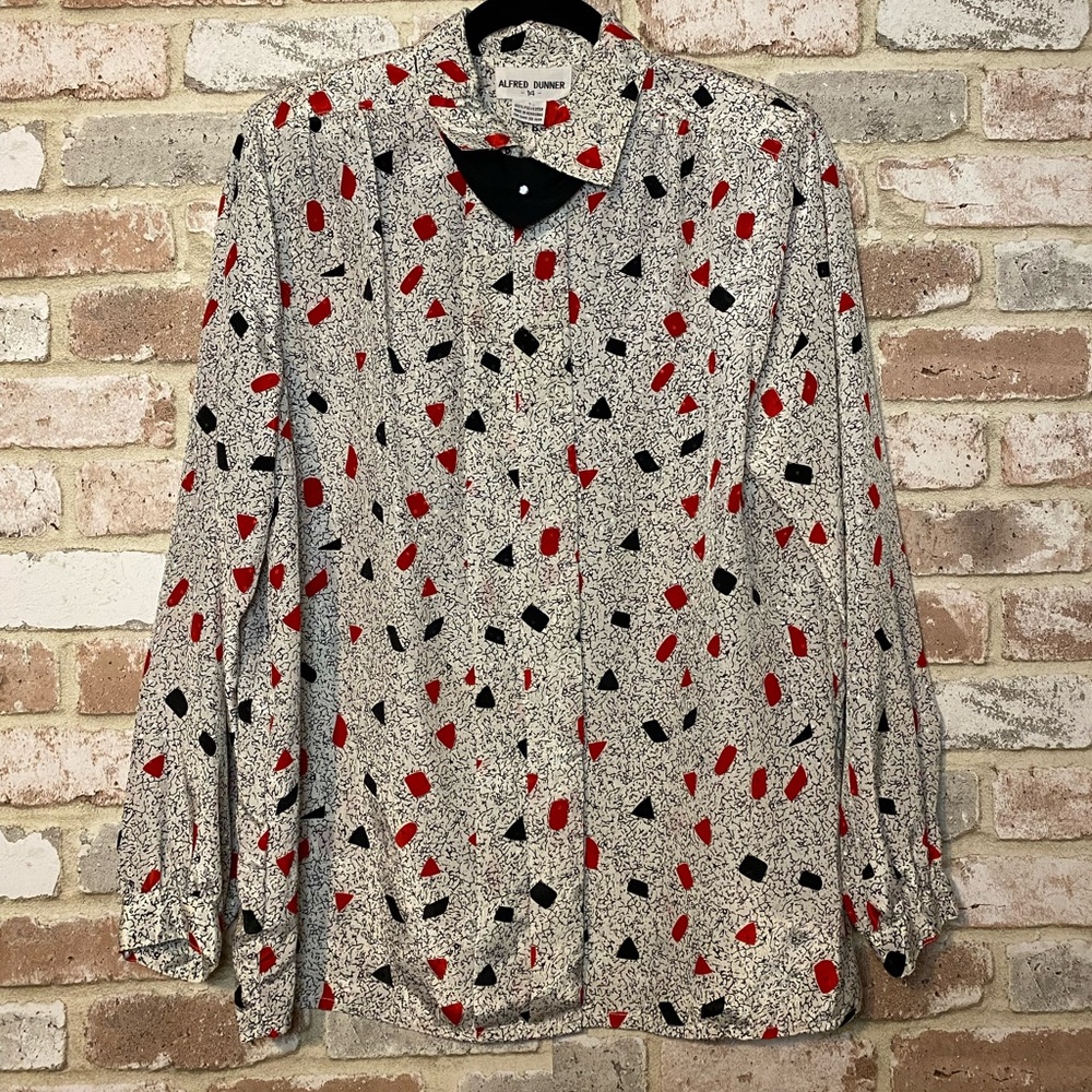 Vintage Alfred Dunner 70's Geometric Red and Black Long Sleeve Blouse Size 14
